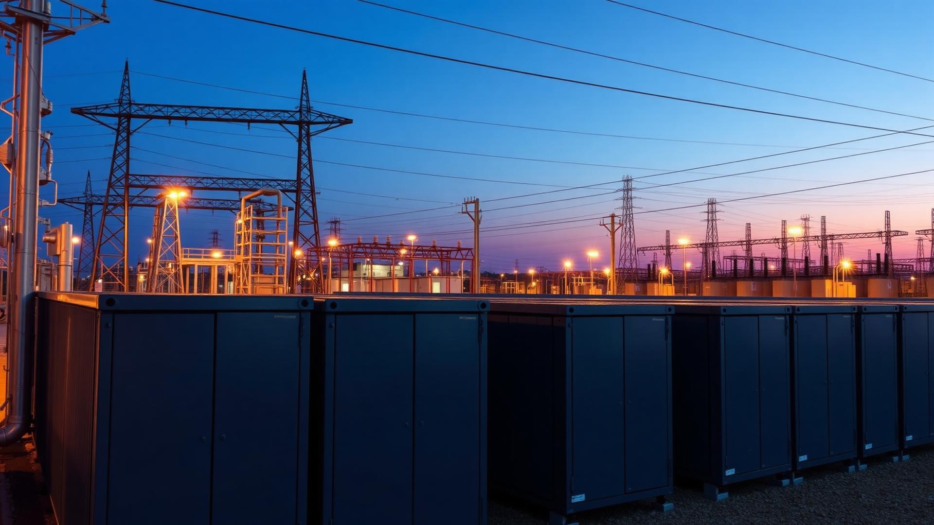 Großbatteriespeicher an einem Umspannwerk zur blauen Stunde